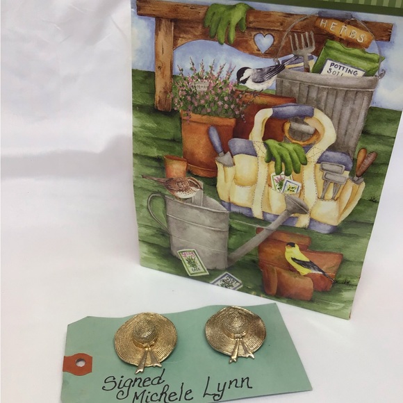 Sunhat garden brooches pr cottagecore vintage signed Michele Lynn spring summer - Picture 14 of 14